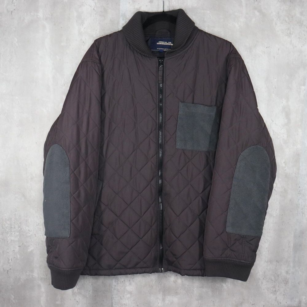 Edwin Co Puffer Jacket Mens Size Large Gray Quilted Elbow Patch